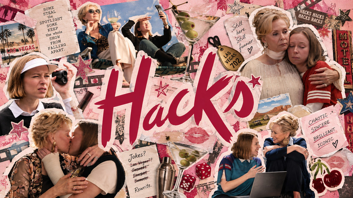 Hacks series — pink scrapbook collage of Ava and Deborah with hand-painted dark cherry red title